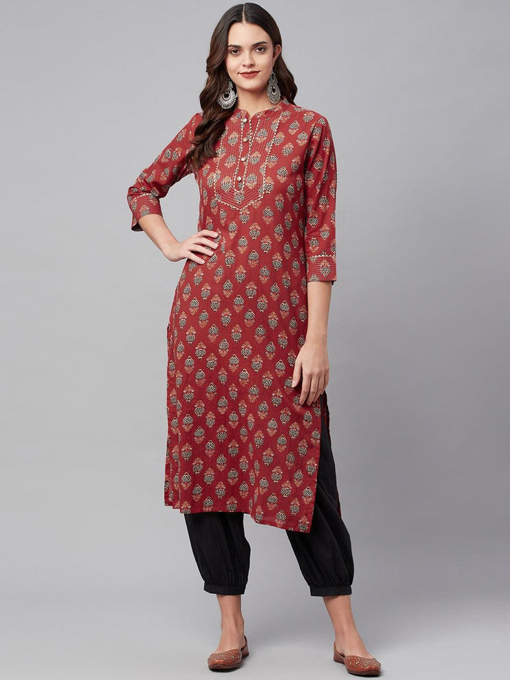 Divena Red Ethnic Cotton Straight Kurta - divena world