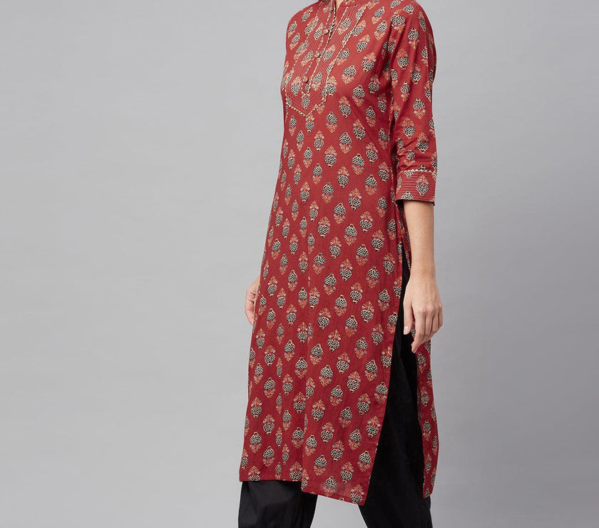 Divena Red Ethnic Cotton Straight Kurta - divena world