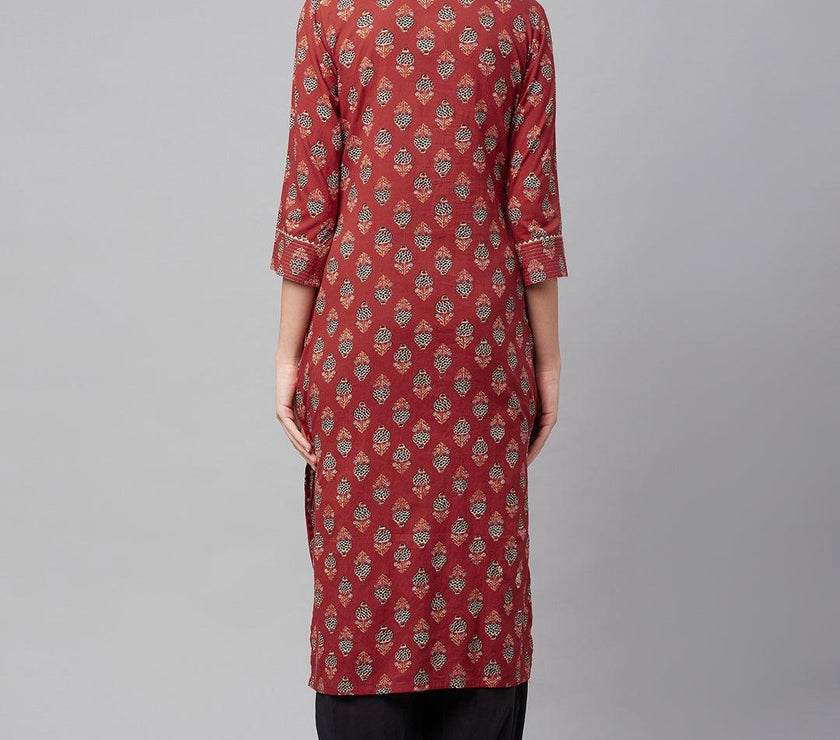 Divena Red Ethnic Cotton Straight Kurta - divena world