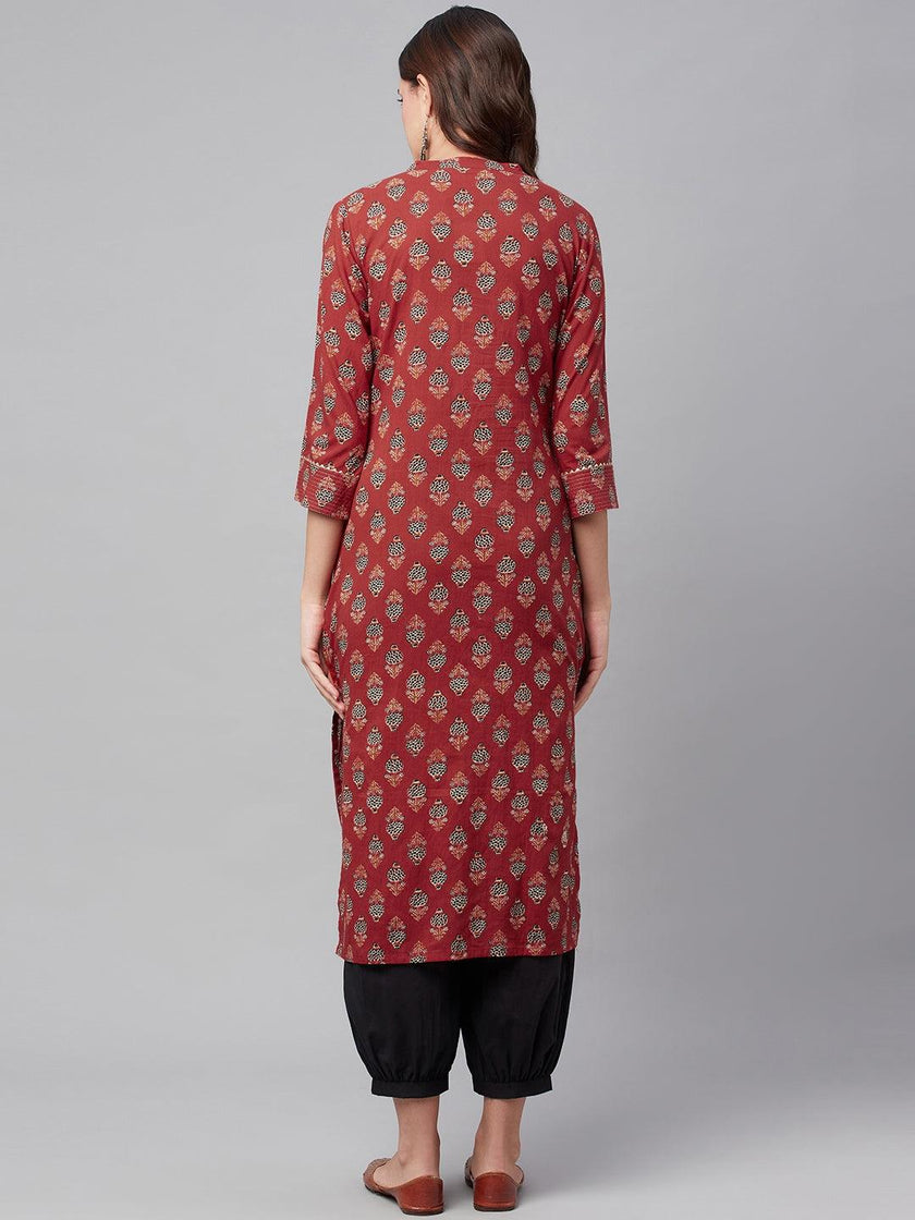 Divena Red Ethnic Cotton Straight Kurta - divena world