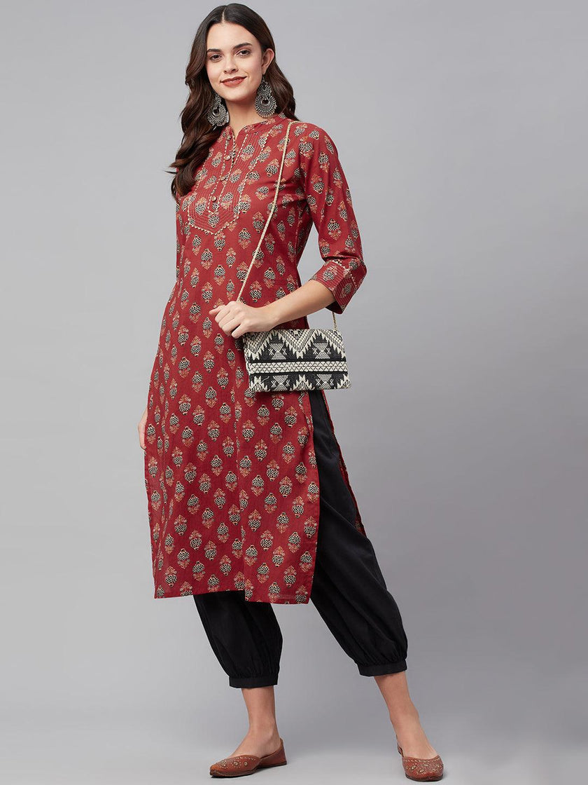 Divena Red Ethnic Cotton Straight Kurta - divena world