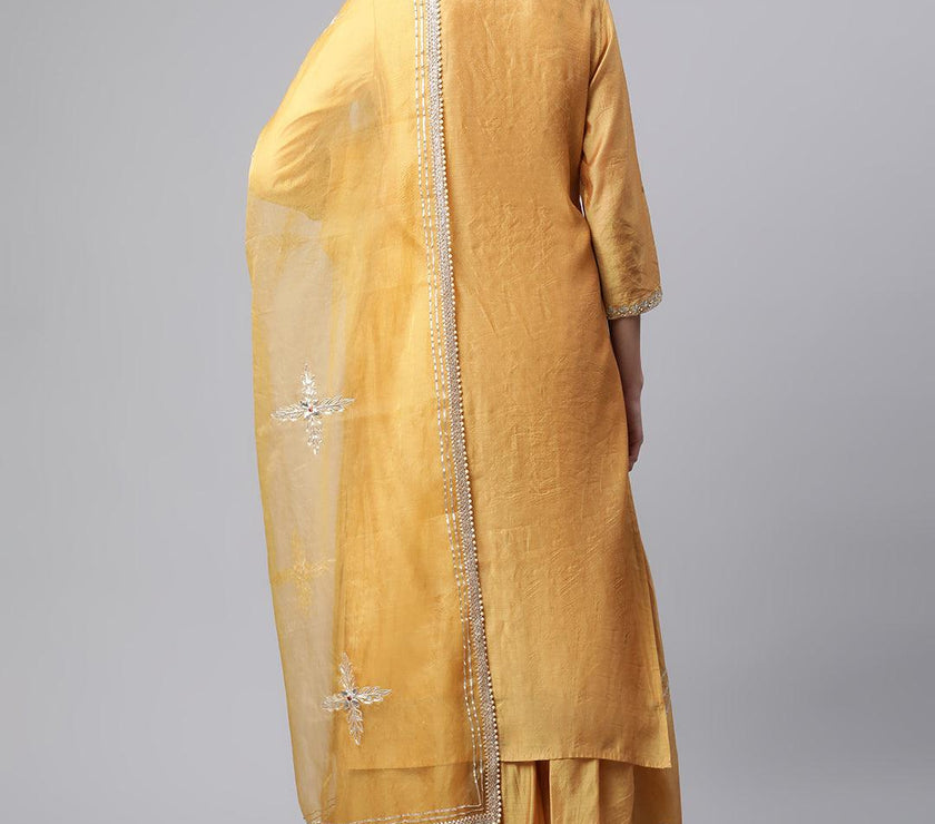 Divena Yellow Gold Solid Chenderi Kurta Sharara Set with Dupatta - divena world