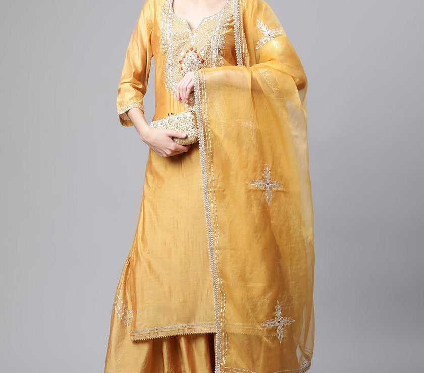 Divena Yellow Gold Solid Chenderi Kurta Sharara Set with Dupatta - divena world