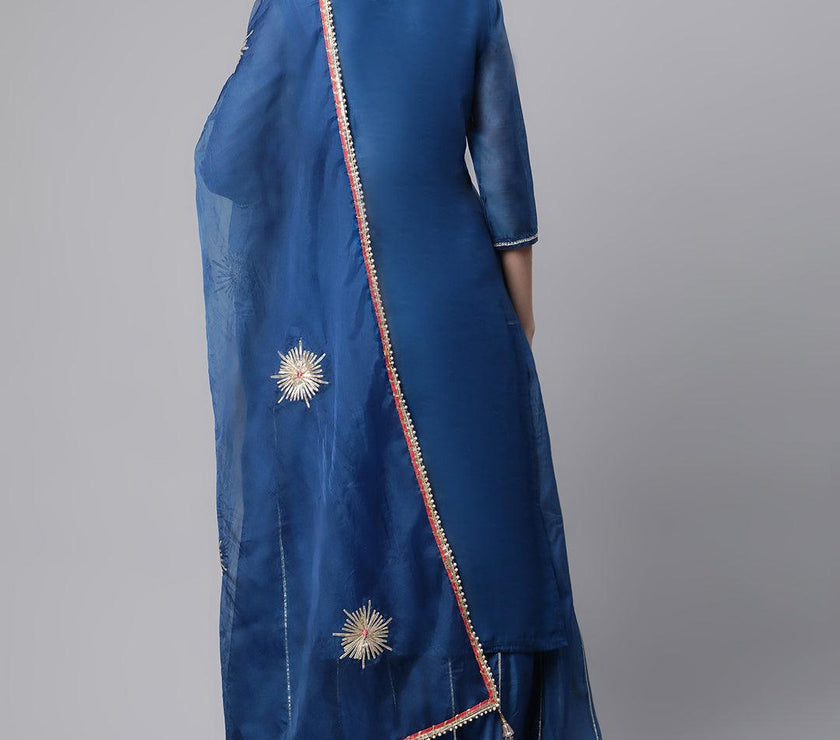 Divena Blue Solid Chenderi Kurta Skirt Set with Dupatta - divenaworld.com