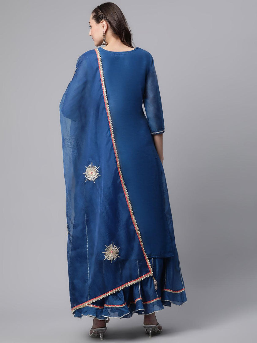 Divena Blue Solid Chenderi Kurta Skirt Set with Dupatta - divenaworld.com