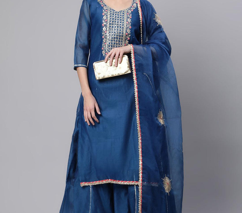 Divena Blue Solid Chenderi Kurta Skirt Set with Dupatta - divenaworld.com