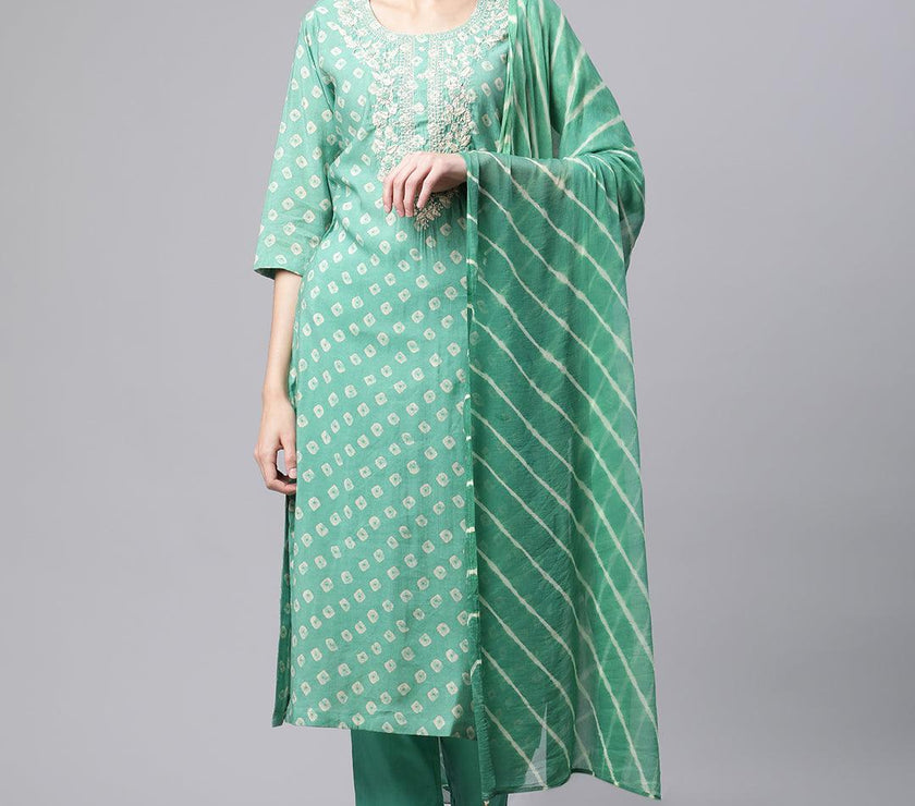 Divena Green Chanderi Kurta Cotton pant set With Chiffon leheriya Dupatta - divenaworld.com