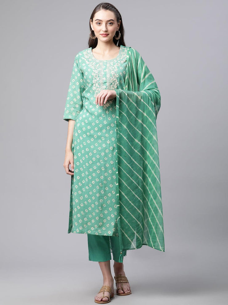 Divena Green Chanderi Kurta Cotton pant set With Chiffon leheriya Dupatta - divenaworld.com