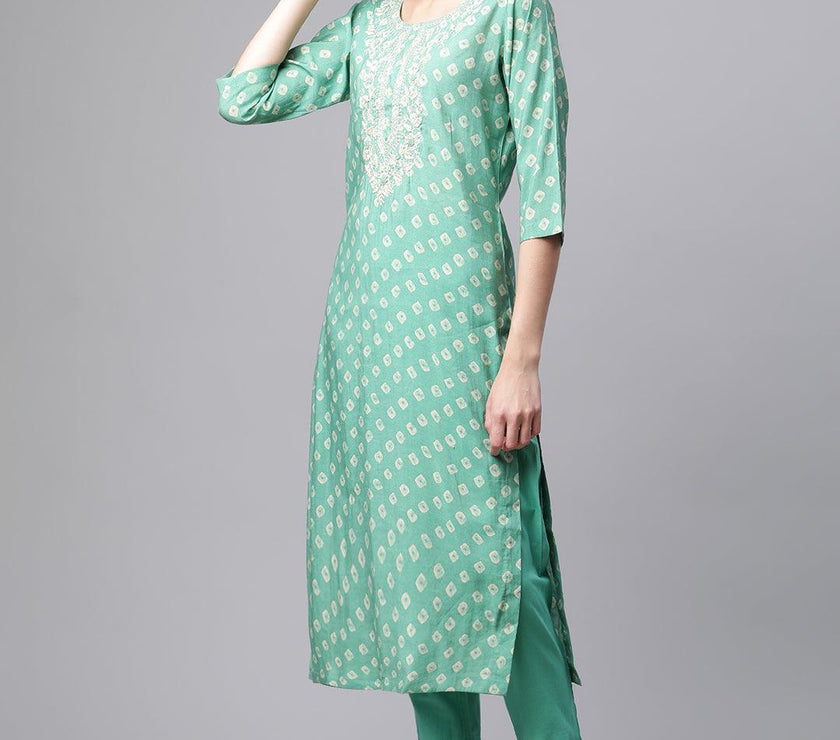 Divena Green Chanderi Kurta Cotton pant set With Chiffon leheriya Dupatta - divenaworld.com