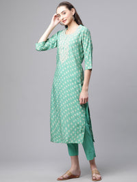 Divena Green Chanderi Kurta Cotton pant set With Chiffon leheriya Dupatta - divenaworld.com