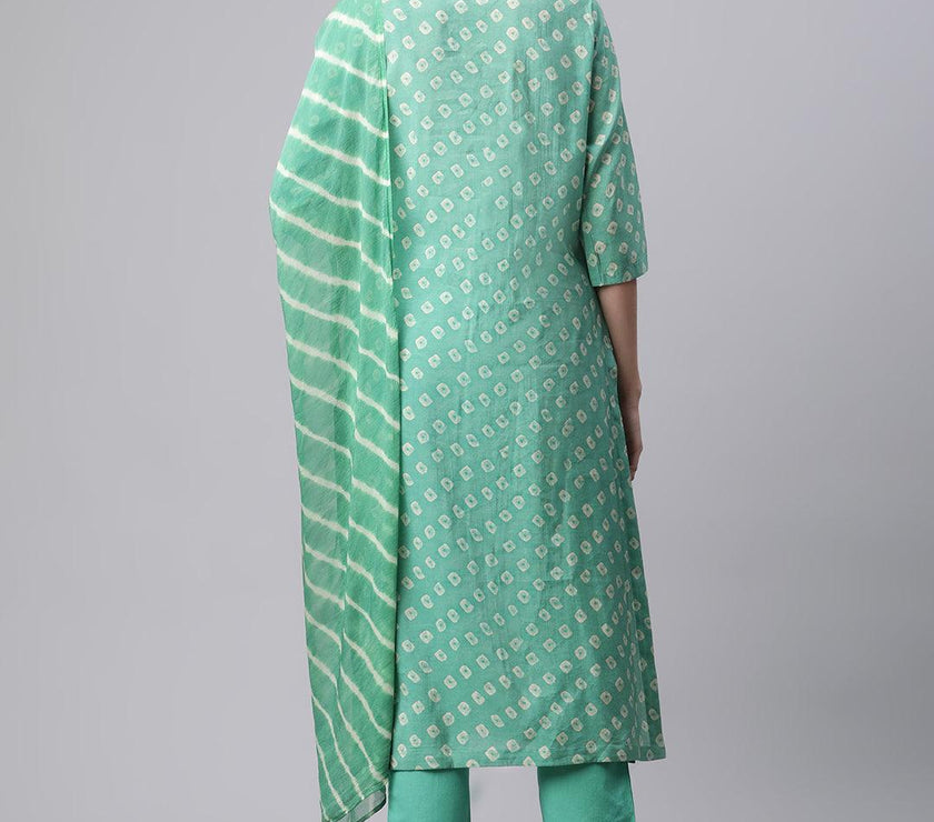 Divena Green Chanderi Kurta Cotton pant set With Chiffon leheriya Dupatta - divenaworld.com