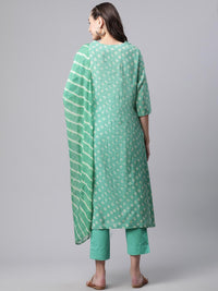 Divena Green Chanderi Kurta Cotton pant set With Chiffon leheriya Dupatta - divenaworld.com