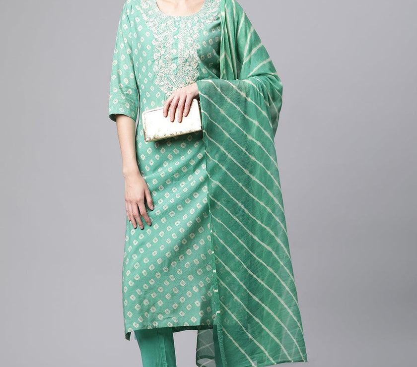 Divena Green Chanderi Kurta Cotton pant set With Chiffon leheriya Dupatta - divenaworld.com