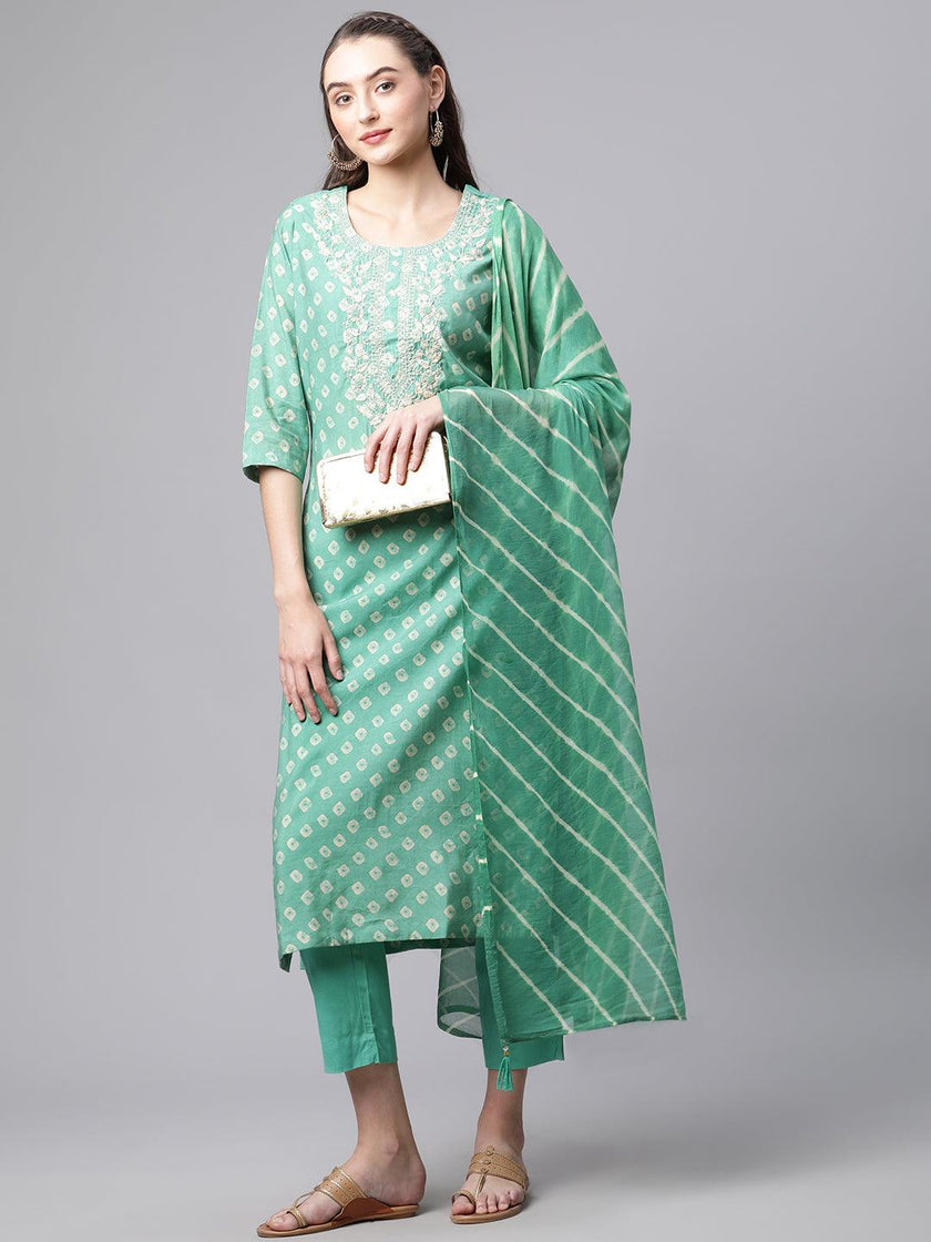 Divena Green Chanderi Kurta Cotton pant set With Chiffon leheriya Dupatta - divenaworld.com