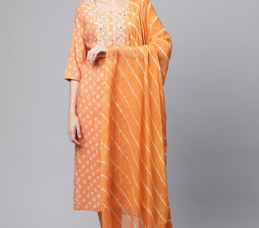 Divena Orange Chanderi Kurta Cotton pant set With Chiffon leheriya Dupatta - divenaworld.com