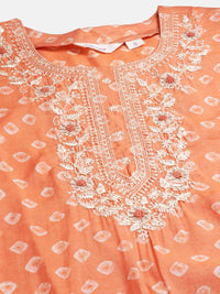 Divena Orange Chanderi Kurta Cotton pant set With Chiffon leheriya Dupatta - divenaworld.com