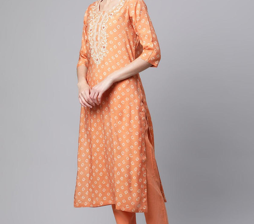 Divena Orange Chanderi Kurta Cotton pant set With Chiffon leheriya Dupatta - divenaworld.com