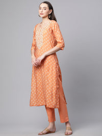 Divena Orange Chanderi Kurta Cotton pant set With Chiffon leheriya Dupatta - divenaworld.com