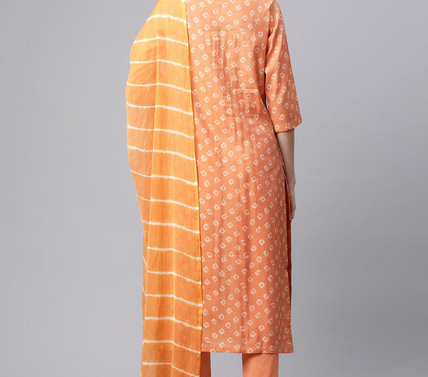 Divena Orange Chanderi Kurta Cotton pant set With Chiffon leheriya Dupatta - divenaworld.com