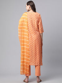 Divena Orange Chanderi Kurta Cotton pant set With Chiffon leheriya Dupatta - divenaworld.com