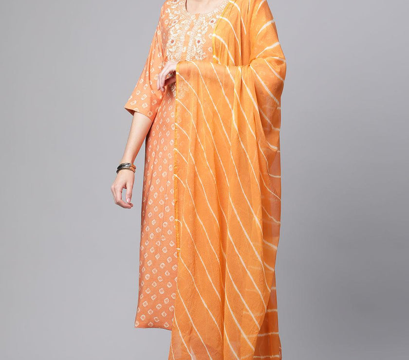 Divena Orange Chanderi Kurta Cotton pant set With Chiffon leheriya Dupatta - divenaworld.com