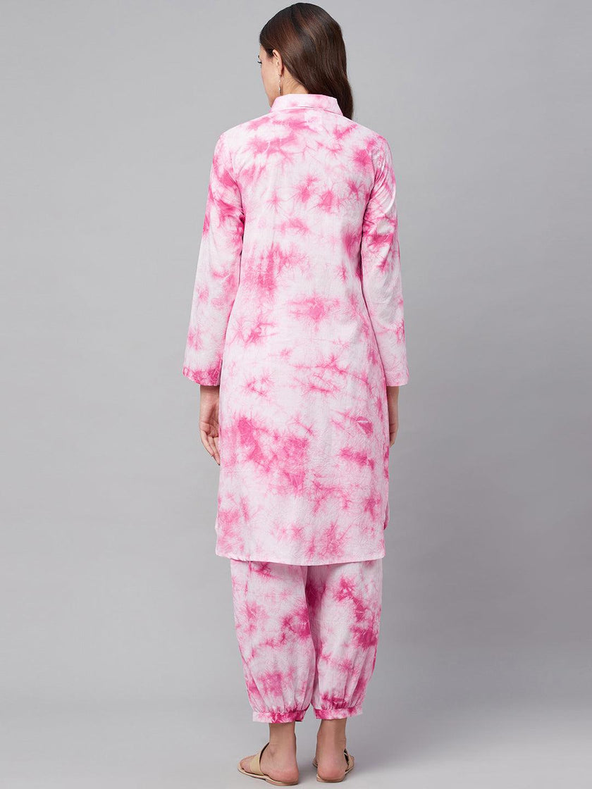 Divena Pink Cotton Shirt Style Kurta Hem Cuffed Pant Set - divena world