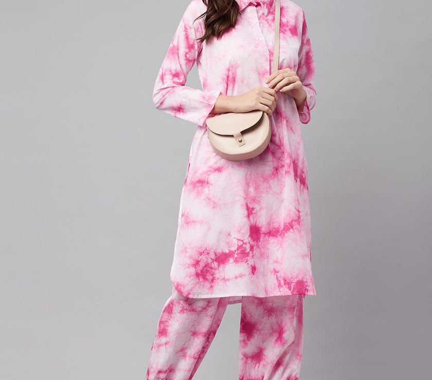 Divena Pink Cotton Shirt Style Kurta Hem Cuffed Pant Set - divena world