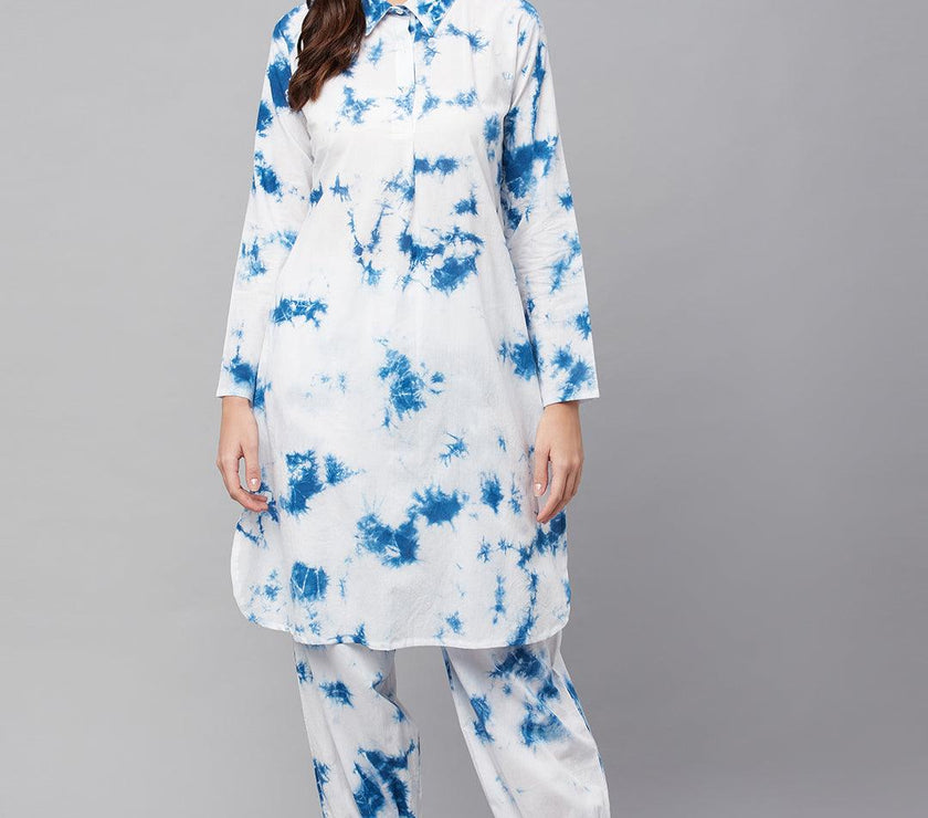 Divena Blue Cotton Shirt Style Kurta Hem Cuffed Pant Set - divena world