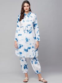 Divena Blue Cotton Shirt Style Kurta Hem Cuffed Pant Set - divena world