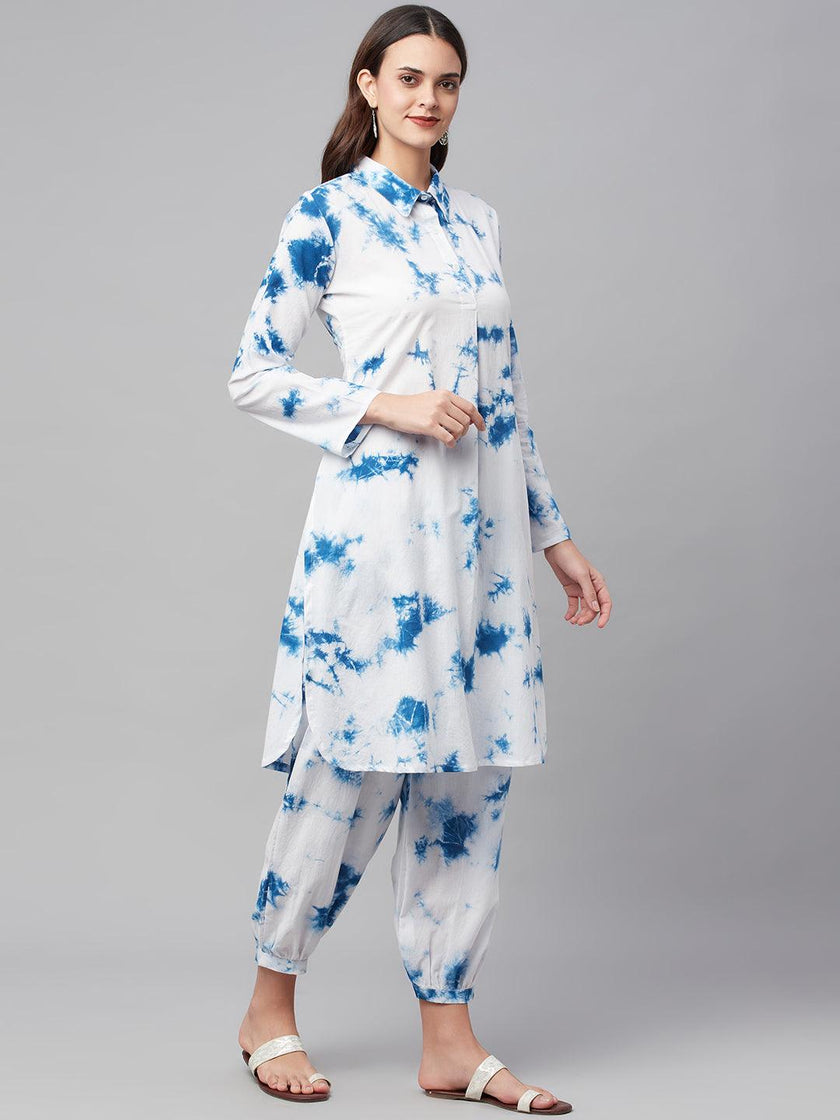 Divena Blue Cotton Shirt Style Kurta Hem Cuffed Pant Set - divena world