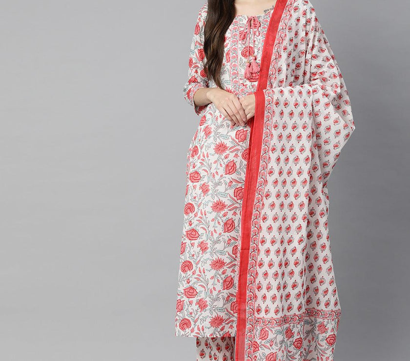 Divena White Floral Printed Kurta Pant Set with Dupatta - divena world