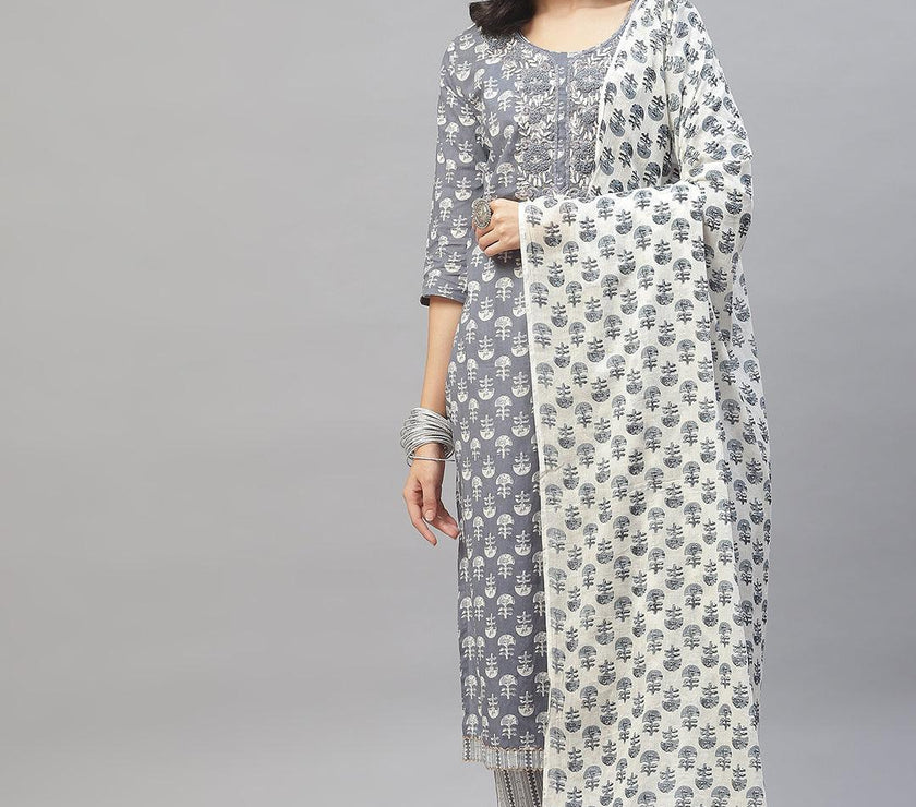 Divena Grey and White Floral Printed Kurta Pant Set with Dupatta - divena world