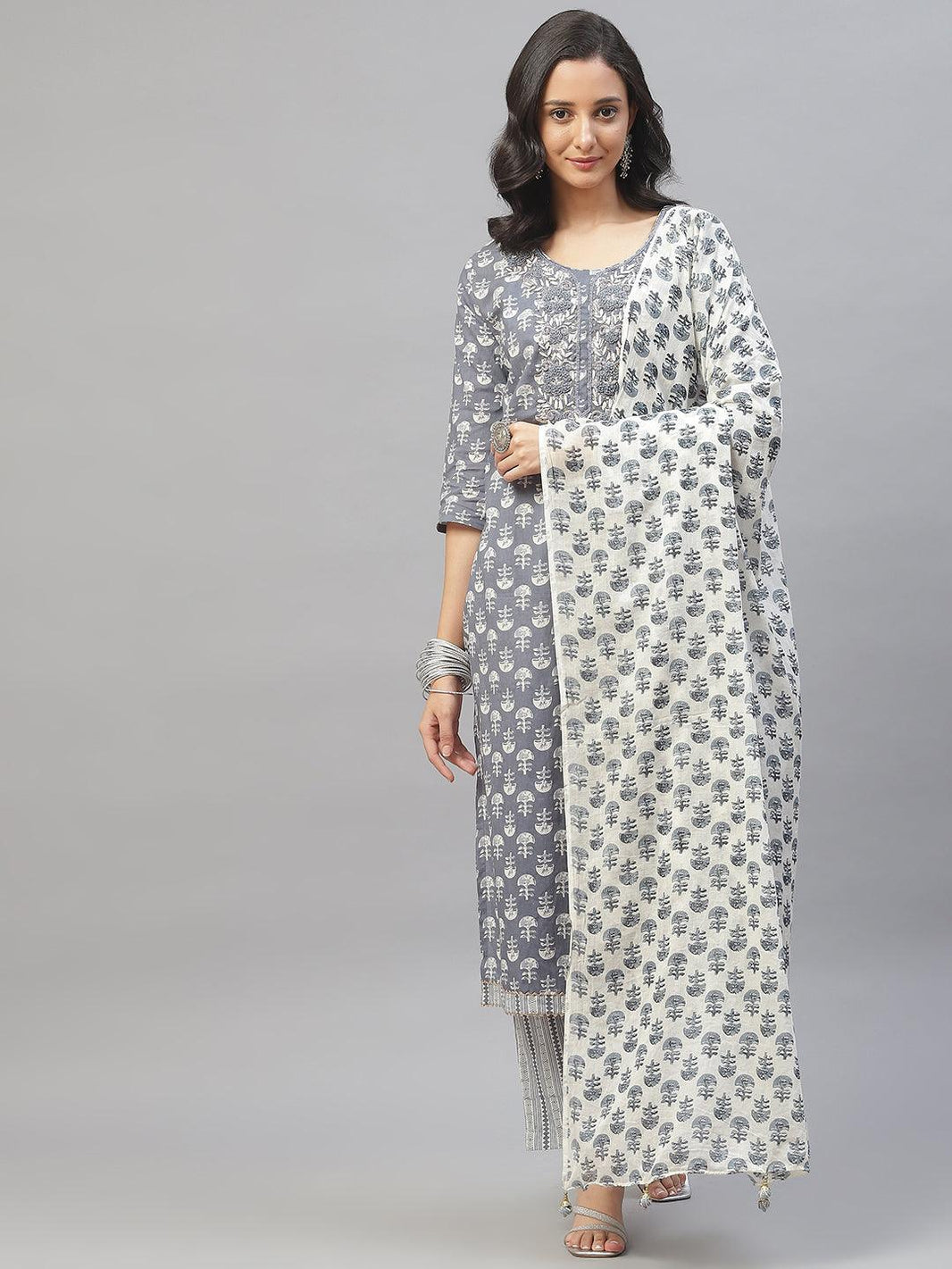 Divena Grey and White Floral Printed Kurta Pant Set with Dupatta - divena world