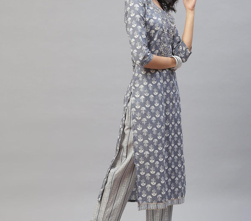 Divena Grey and White Floral Printed Kurta Pant Set with Dupatta - divena world