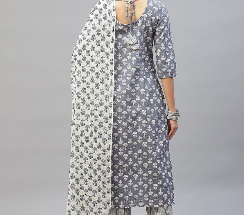 Divena Grey and White Floral Printed Kurta Pant Set with Dupatta - divena world