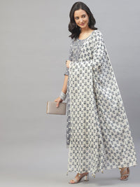 Divena Grey and White Floral Printed Kurta Pant Set with Dupatta - divena world