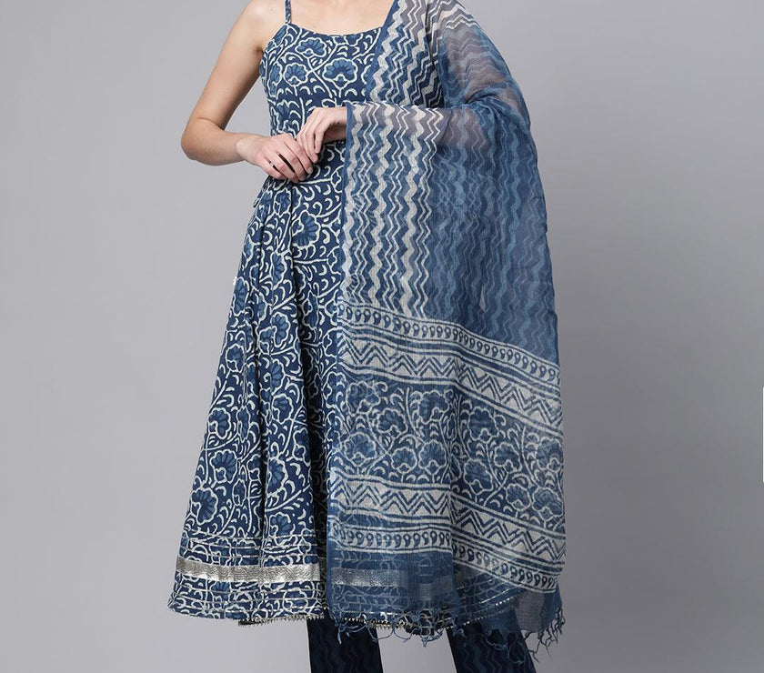 Divena Indigo Hand Block Printed Anarkali Kurta Pant Set with Dupatta - divenaworld.com