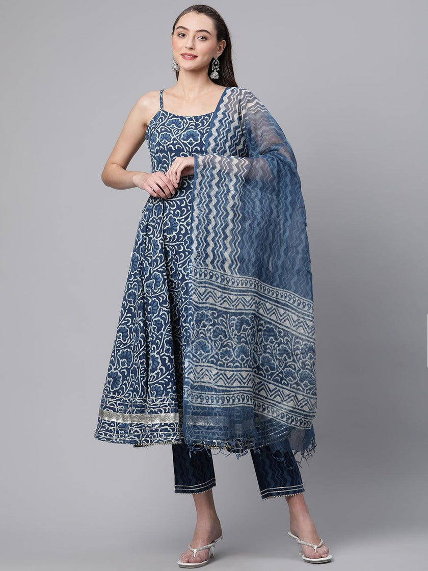 Divena Indigo Hand Block Printed Anarkali Kurta Pant Set with Dupatta - divenaworld.com