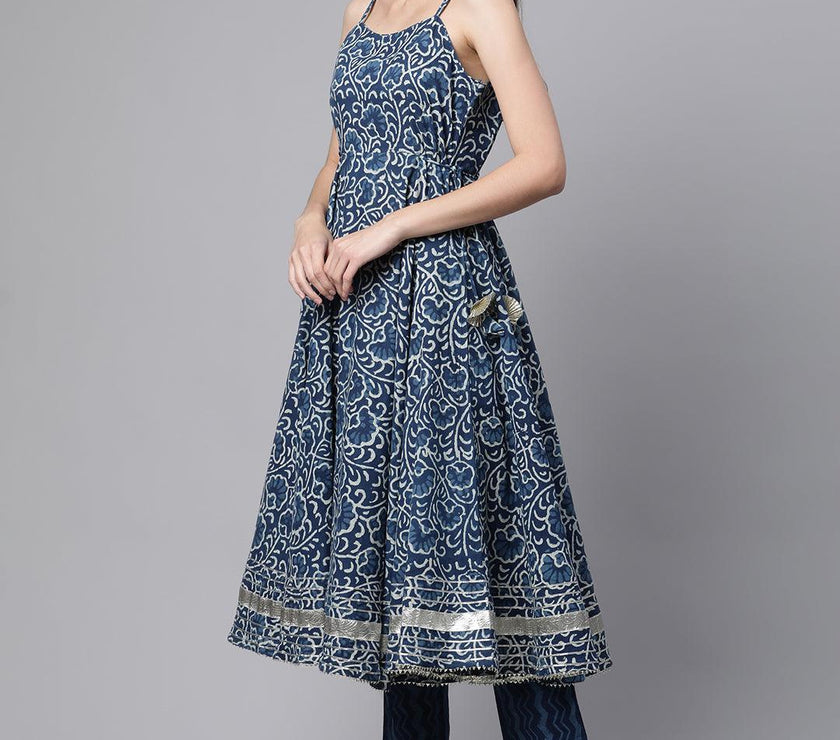 Divena Indigo Hand Block Printed Anarkali Kurta Pant Set with Dupatta - divenaworld.com