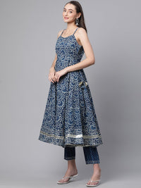 Divena Indigo Hand Block Printed Anarkali Kurta Pant Set with Dupatta - divenaworld.com