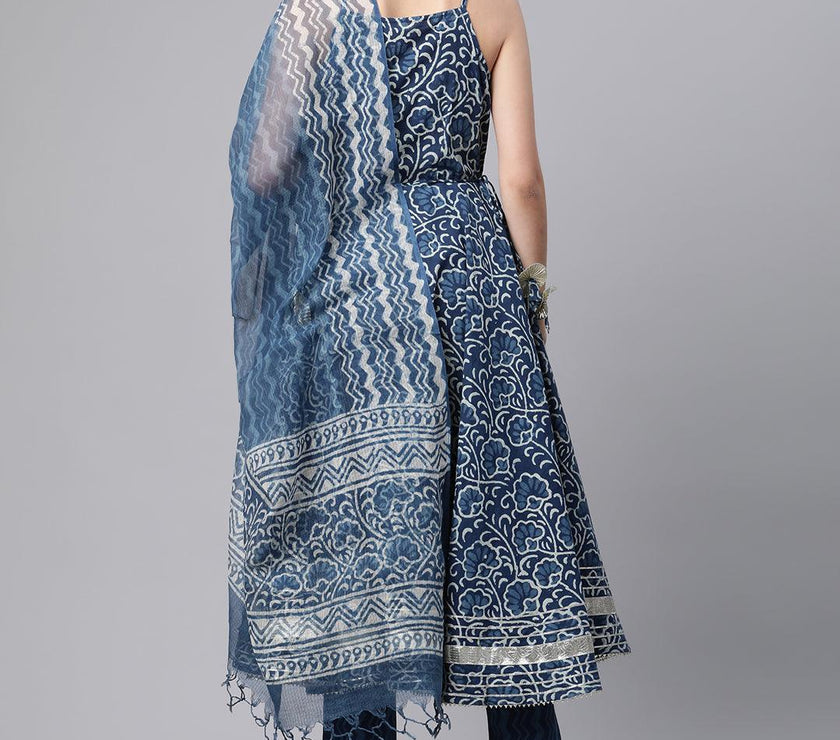 Divena Indigo Hand Block Printed Anarkali Kurta Pant Set with Dupatta - divenaworld.com