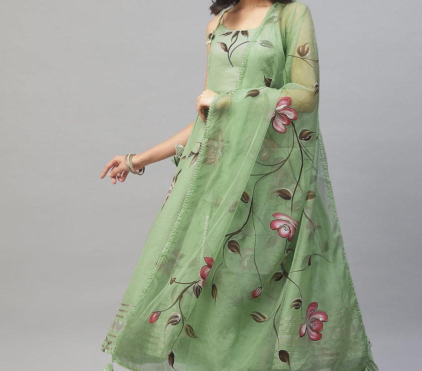 Divena Light Green Hand Painted Floral Anarkali Kurta Pant Set with Dupatta - divena world