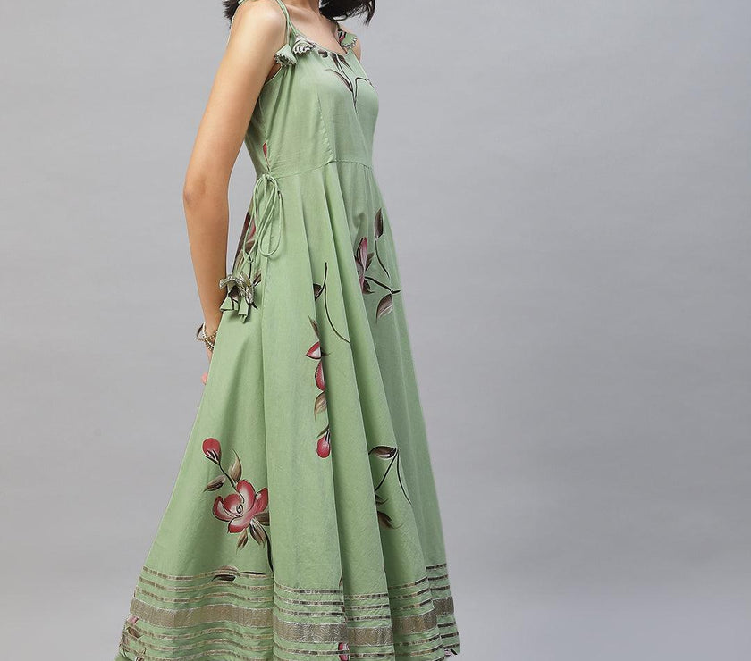 Divena Light Green Hand Painted Floral Anarkali Kurta Pant Set with Dupatta - divena world