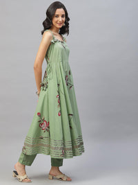 Divena Light Green Hand Painted Floral Anarkali Kurta Pant Set with Dupatta - divena world