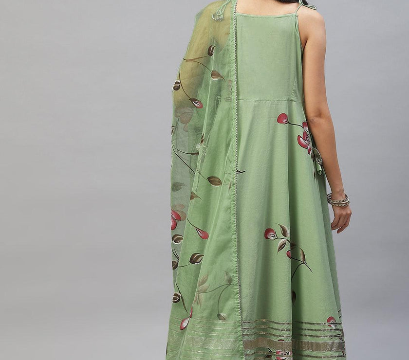 Divena Light Green Hand Painted Floral Anarkali Kurta Pant Set with Dupatta - divena world