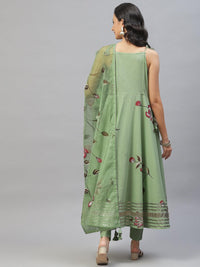 Divena Light Green Hand Painted Floral Anarkali Kurta Pant Set with Dupatta - divena world