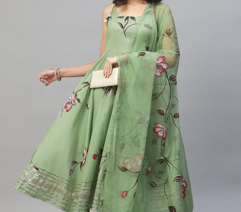 Divena Light Green Hand Painted Floral Anarkali Kurta Pant Set with Dupatta - divena world