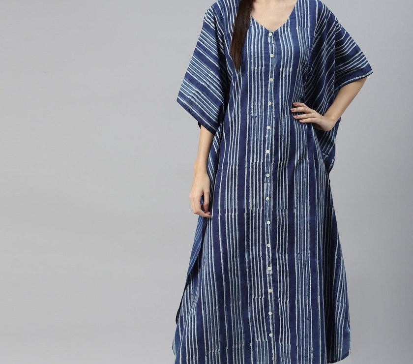 Divena Blue Hand Block Printed Striped Kaftan Dress - divena world