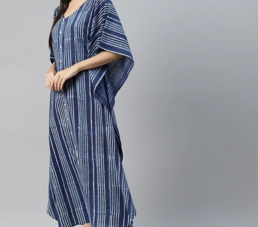 Divena Blue Hand Block Printed Striped Kaftan Dress - divena world