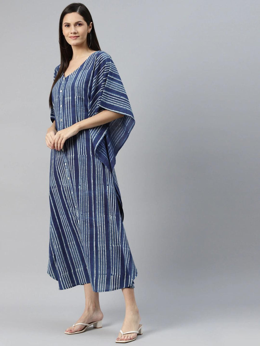 Divena Blue Hand Block Printed Striped Kaftan Dress - divena world